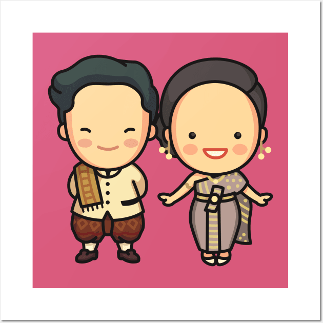 Cute Thai Couple in Traditional Clothing Cartoon Wall Art by SLAG_Creative